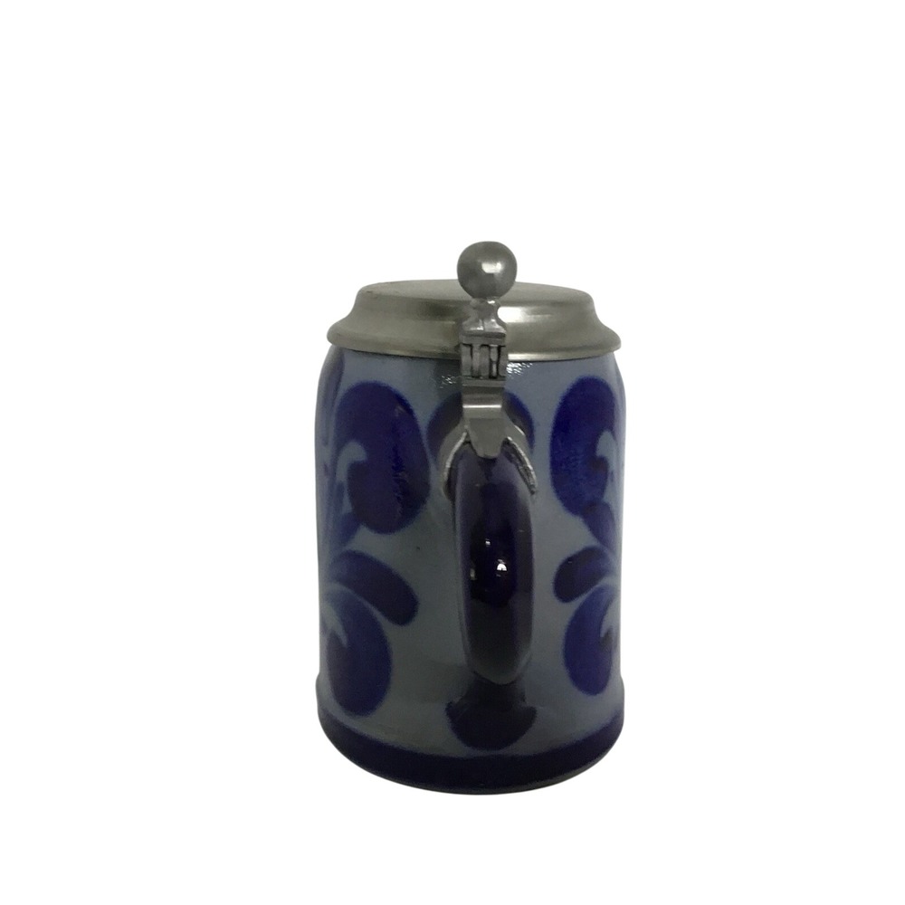 Stein-Mug Stoneware Vintage‎ Primitive Inspired Blue Floral With Lid Beer Stein - Picture 2 of 9